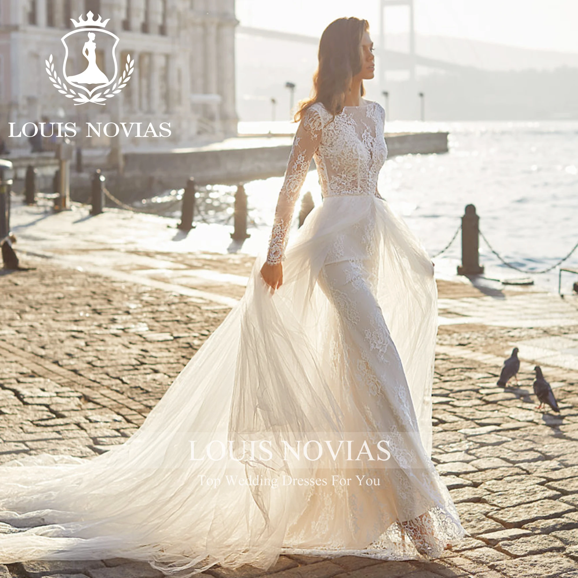 

LOUIS NOVIAS 2 IN 1 Mermaid Long Sleeve Wedding Dress Sexy SCOOP Appliques Detachable Train Lace Wedding Gown Vestidos De Novia