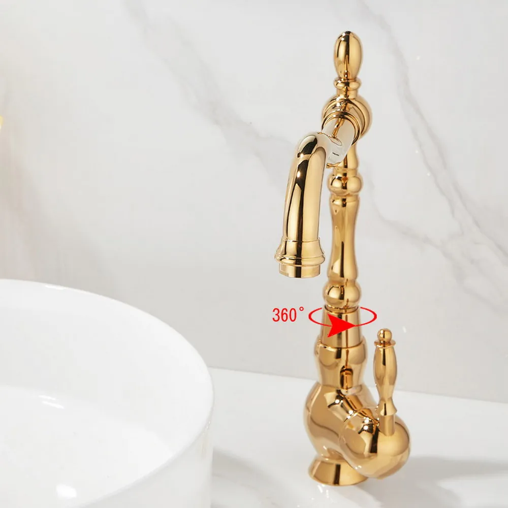 Polished Gold Color Brass Single Handle Kitchen Bathroom Basin Sink Swivel Spout Faucet Hot Cold Mixer Water Tap agf063
