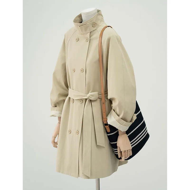 

Apricot British Style Double Breasted Windbreaker Jackets Women's Spring Autumn New Belt Stand Collar Loose Temperament Coat