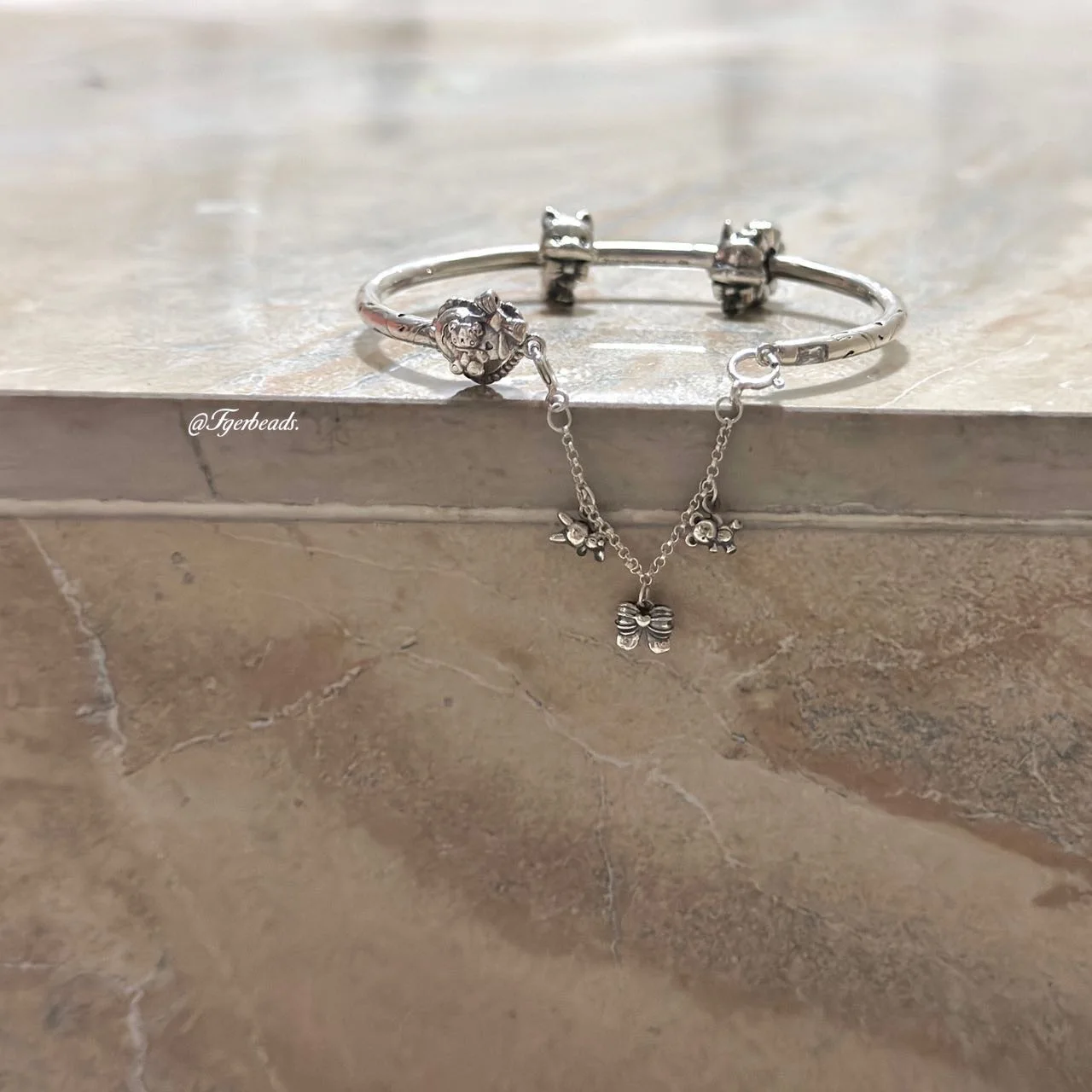 925 Sterling Silver Bear Bunny Bangle With 2 Stoppers and Safety Chain Set For Women Bracelets Adjustable Bangles