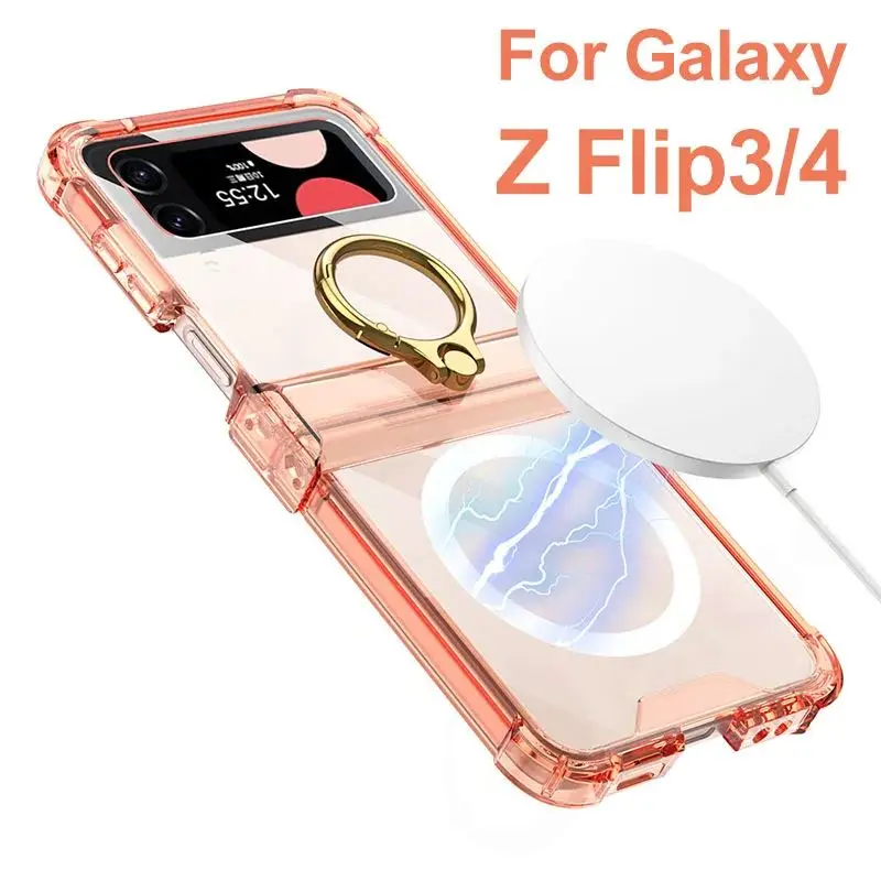 For Magsafe Wireless Charging Airbag Case For Samsung Galaxy Z Flip 3 4 All-included Hinge Protective Ring Holder TPU Soft Cover