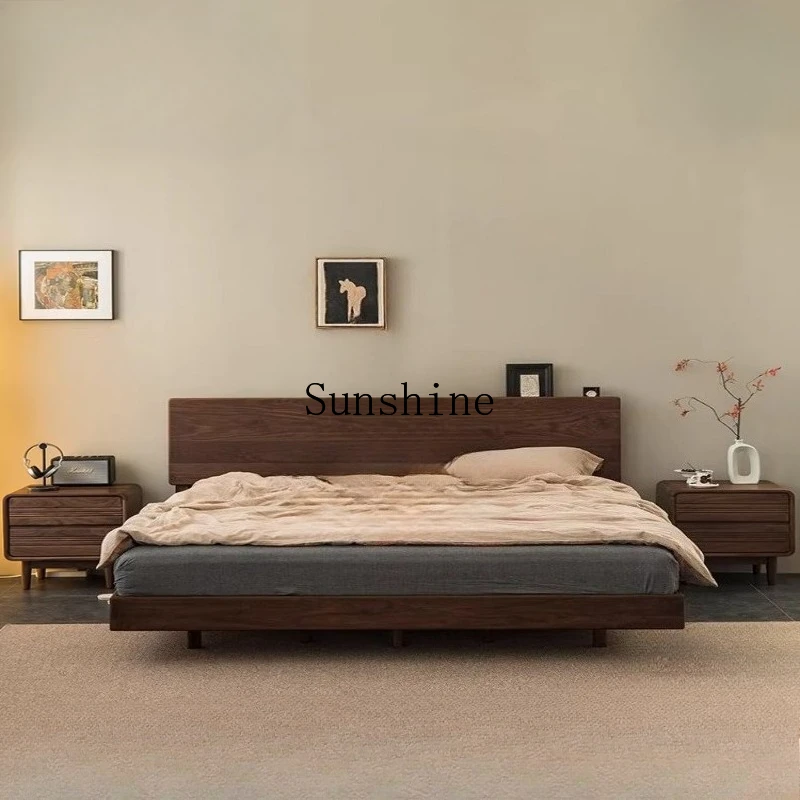

Nordic log retro double bed black walnut full solid wood bed
