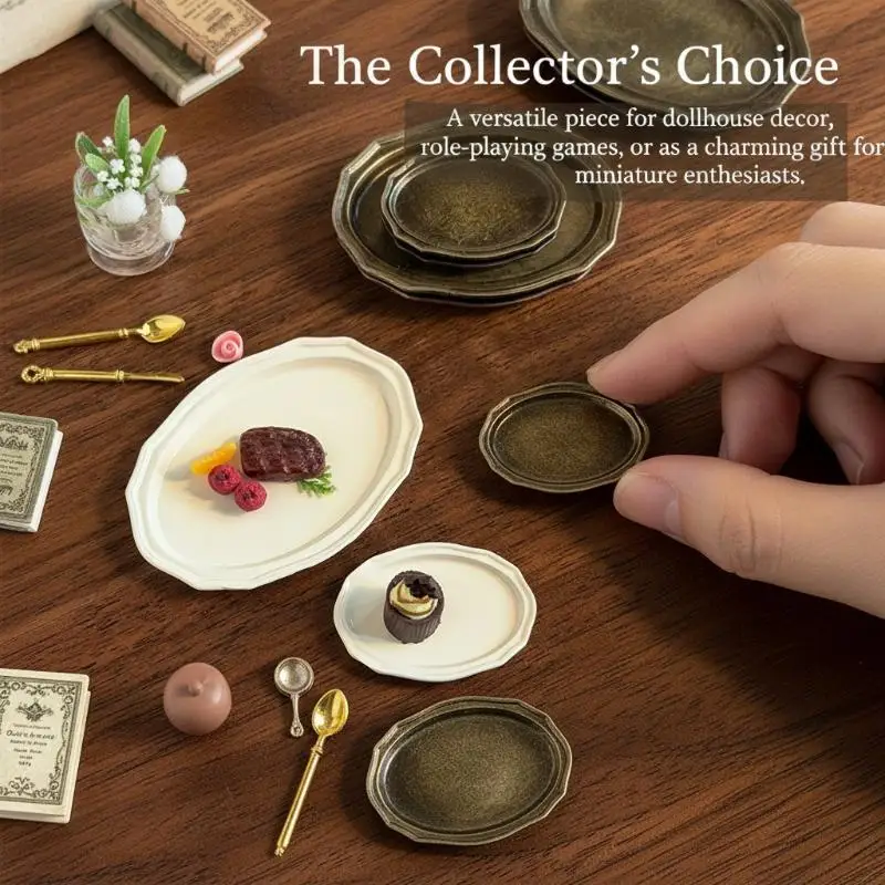 

1 12 Dollhouse Mini Retro Oval Metal Dish Detailing Classic Steak Plate Simulation for Miniature Kitchen Table Setting