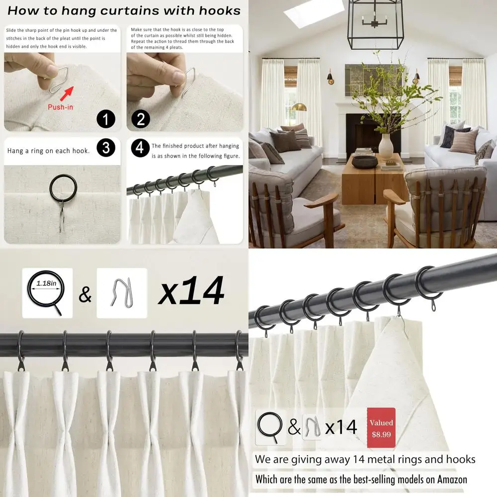 Cortinas plissadas de linho, comprimento 108, conjunto de 2 painéis para espaços residenciais e quartos