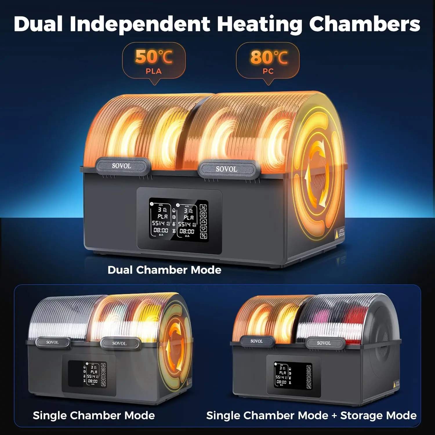 Sovol Filament Dryer 4 Spools, with 85℃ Max Temp, Auto Dehumiditification and Sealed Storage, Dual Independent Heating Chambers