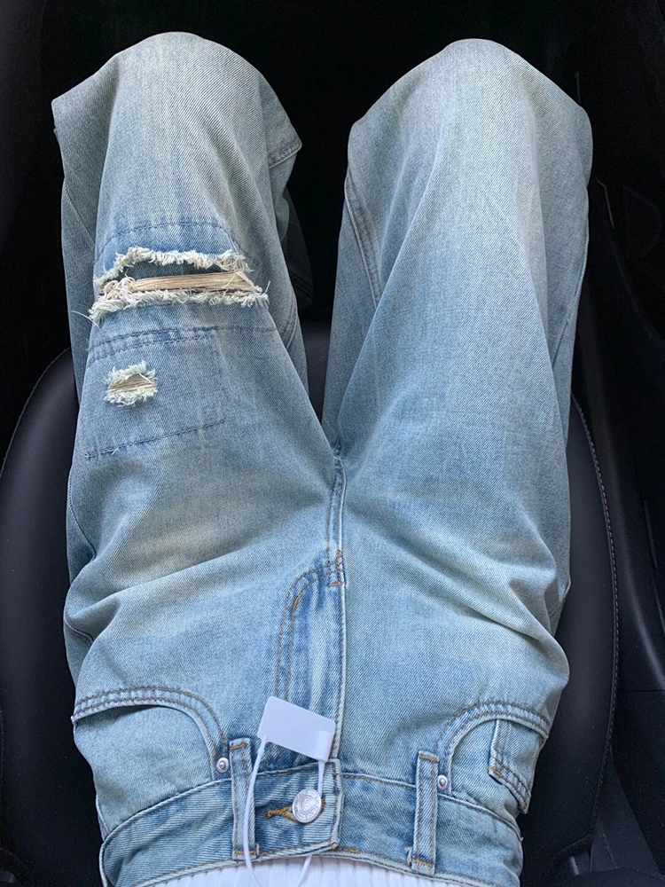 

Американские джинсы-клеш светло-голубого цвета с рваными элементами, женские, весна 2025, новый дизайн, с высокой талией, длиной в пол