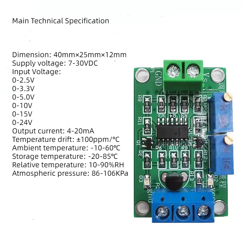 Voltage to Current Transmitter Converter Module 0-2.5v3.3v5v10v15v24v to 4-20mA