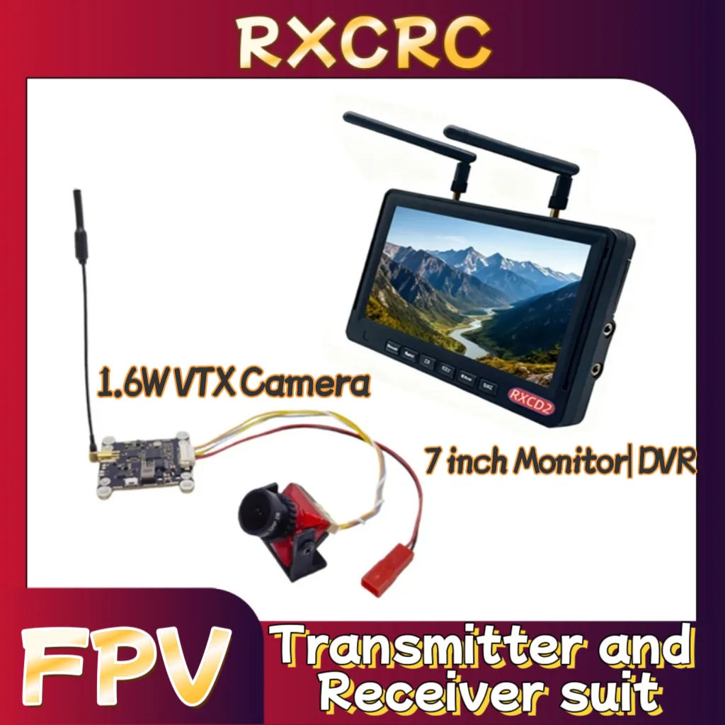 

RXC 5.8G Transmitter Module 1.6W VTX 1500TVL 2.1mm Camera,FPV 7 inch Receiving display screen.For RC Multicopter FPV Drone Part.