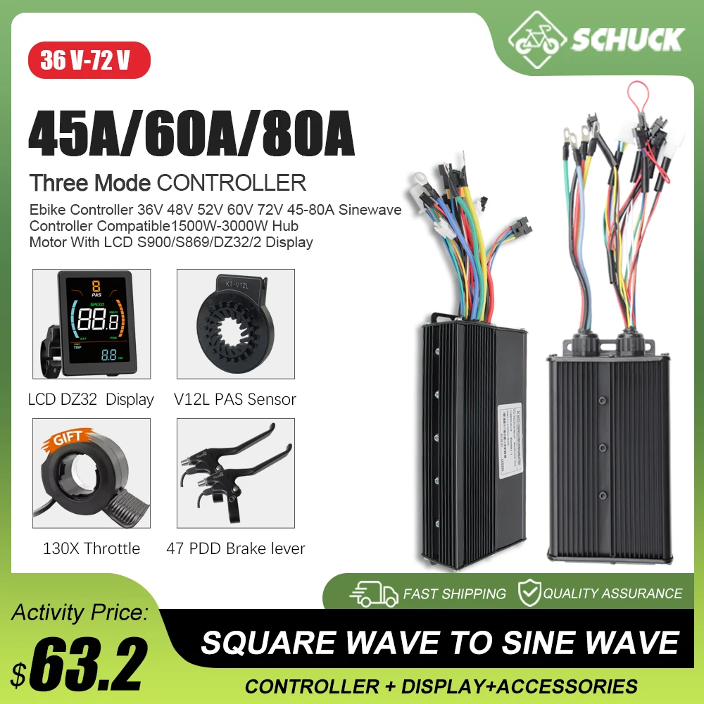 

E-bike 3Mode 48V 52V 60V 72V 45-80A SquareWave to Sinewave Controller With Compatible JN Display For 1000W- 3000W Hub Motor