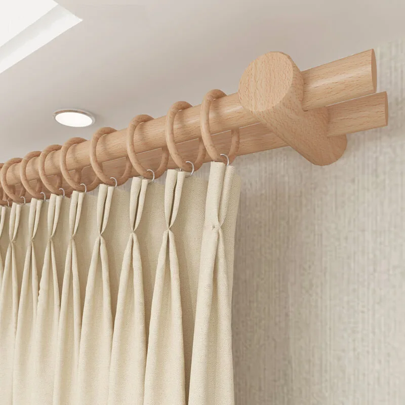 Beech Solid Wood Curtain Rods Roman Poles Single Double Rod Japanese Wooden Track Brackets Holder Rings Accessories Customized