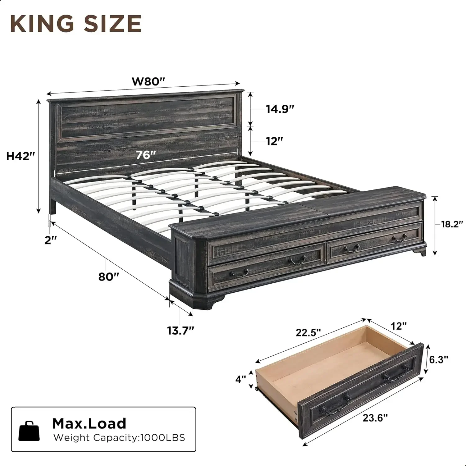 Farmhouse King Bed with Headboard and Storage Bench, Rustic Wood Platform Bed w/ 4 Large Storage Drawer, Dark Rustic Oak