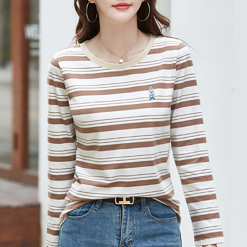 Spring Autumn Women\'s Pullover Round Neck Embroidery Solid Striped Long Sleeve Undershirt Slim T-shirt Office Lady Casual Tops