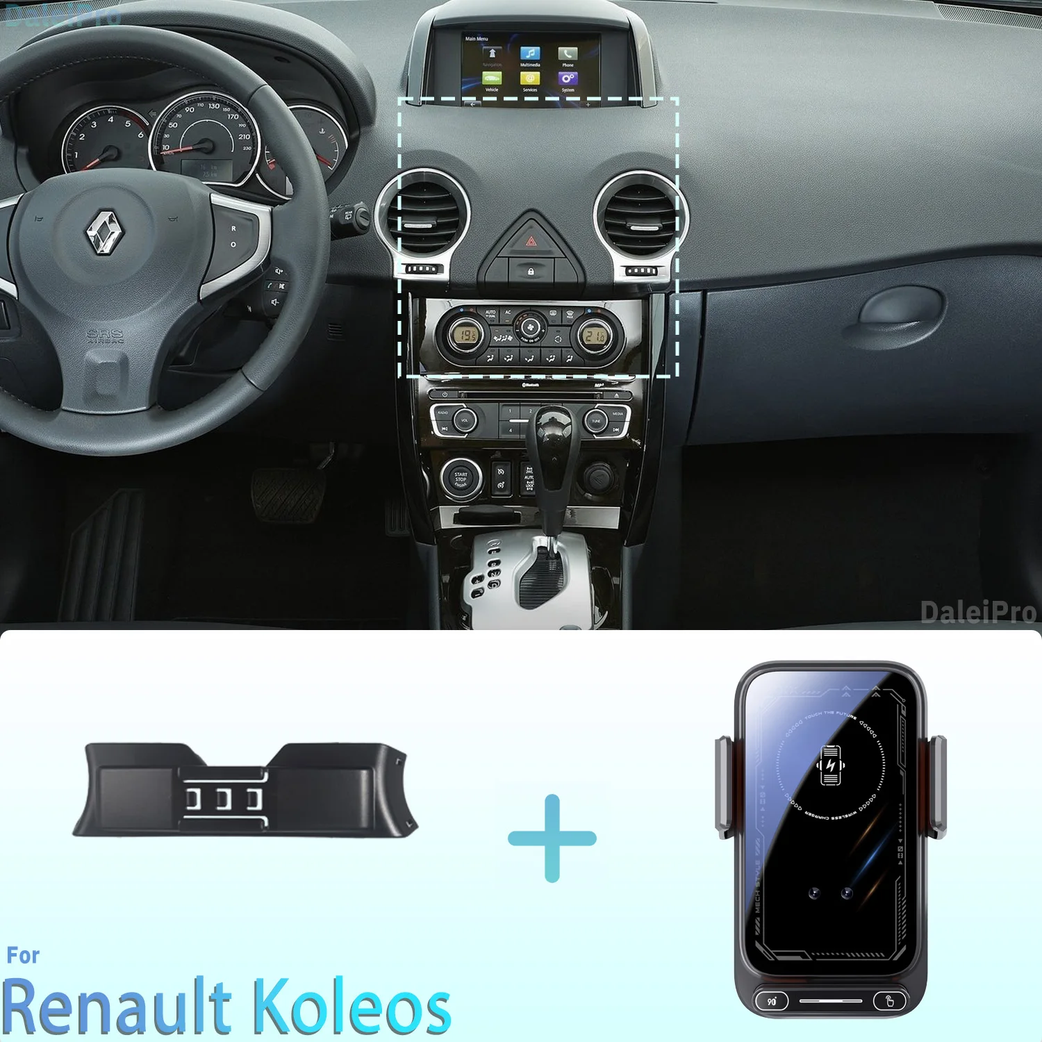 Suporte Magnético para Telefone para Renault Koleos 2009-2013 2014 2015 2016 com Carregamento Sem Fio e Liberação com Um Toque Qi