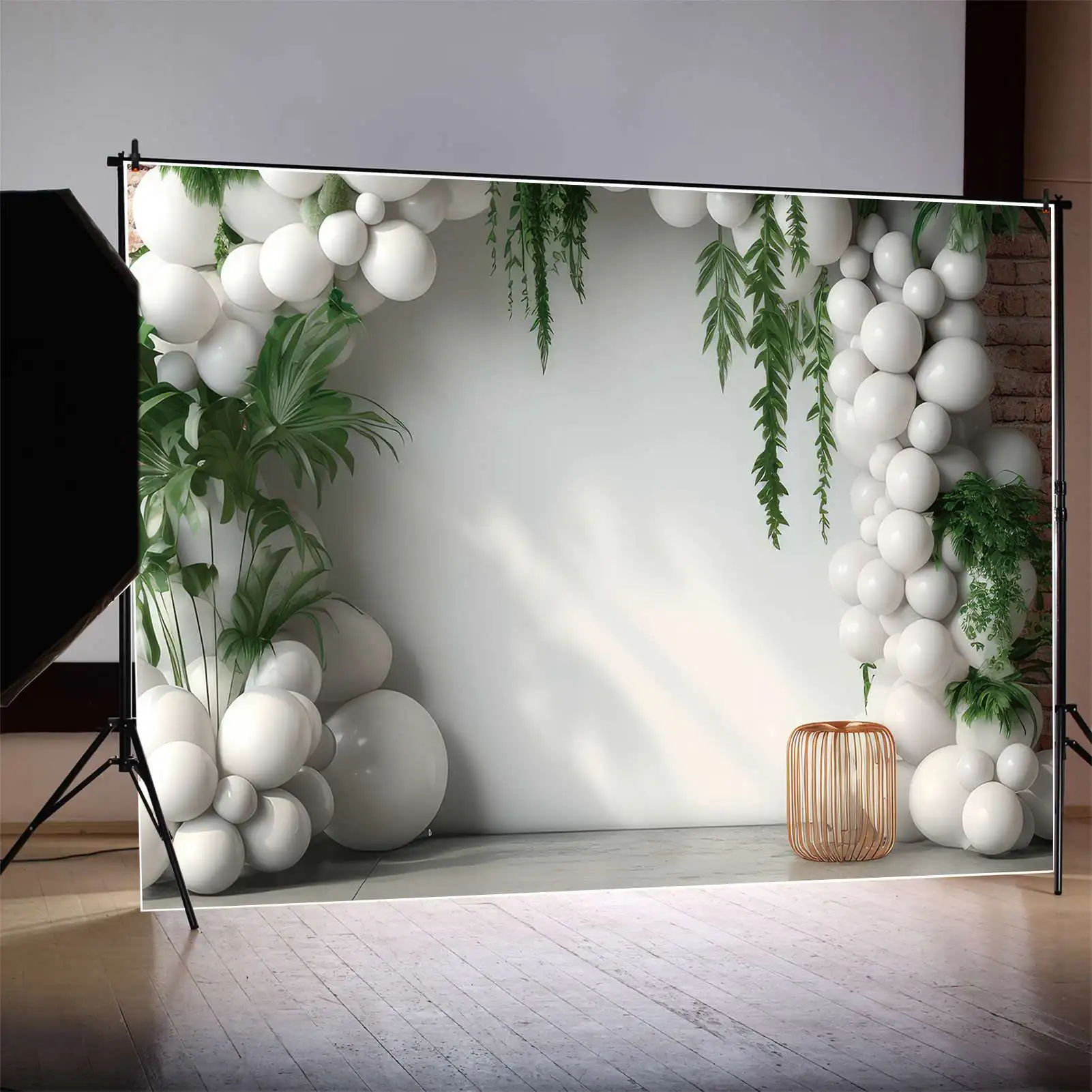 MOON.QG Backdrop Wedding White Balloons Draping Green Grass Photocall Background Birthday Party Frame Decorations Photo Booth