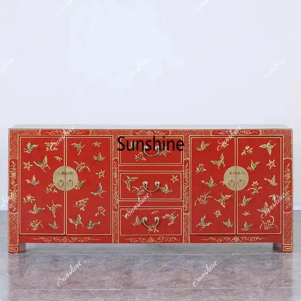 New Chinese vintage painted butterfly painted antique-style living room base cabinet