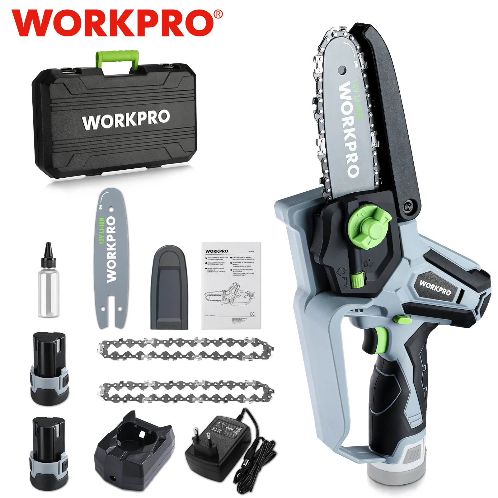 

WORKPRO 12V Cordless Mini ChainSaw Rechargeable Electric Pruning Chainsaw for Gardening Tree Branch Pruning Wood Cutting