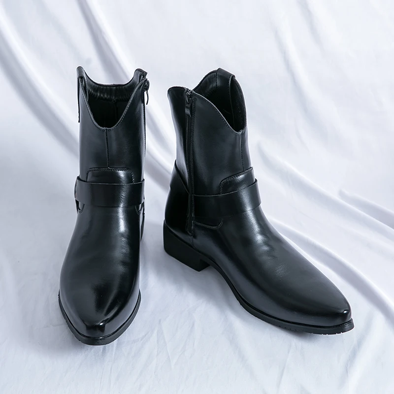 

Men Denim Boots PU Solid Color High Top Pointed Low Heel Side Zipper Outdoor Desert Boots Comfortable Classic Men Boots