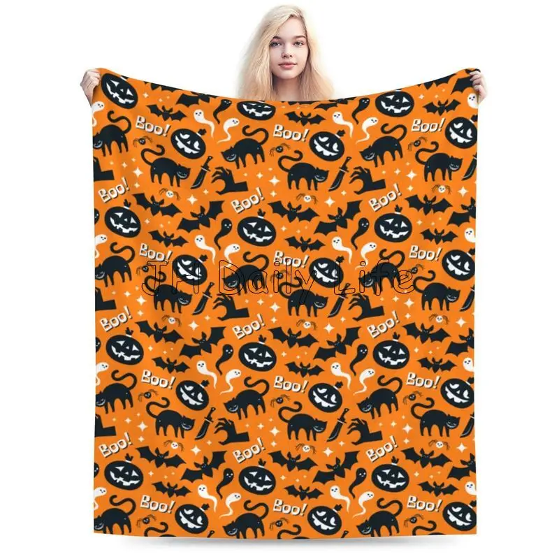 Halloween Pumpkim Boo Bats Blanket Flannel Fleece Blanket Cartoon Ghost Spooky Soft Warm Plush Throw Blankets for Bed Couch Sofa