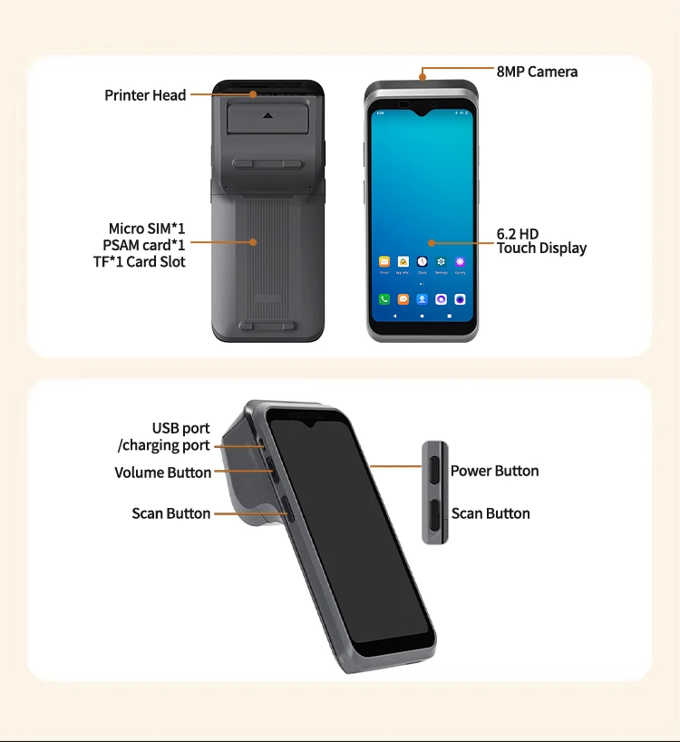 H3 6.2インチモバイル端末、サーマルプリンター、バーコードスキャナー、Android 10、2+16GB PDA、NFCリーダー、注文待ち列マシン搭載