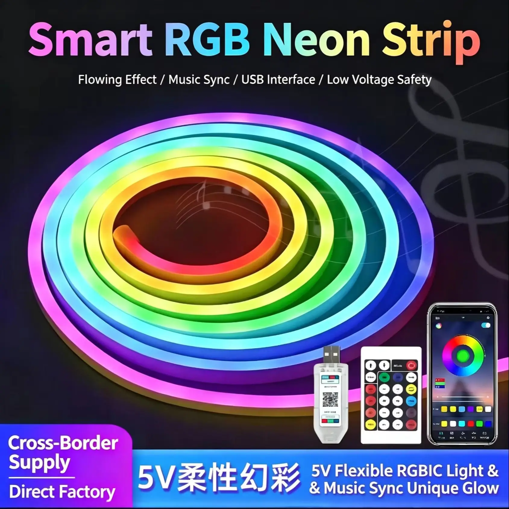 5V Flexible Neon LED Strip Light 612 Addressable Kit USB Bluetooth APP Control Music Sync Full Color DIY Shape