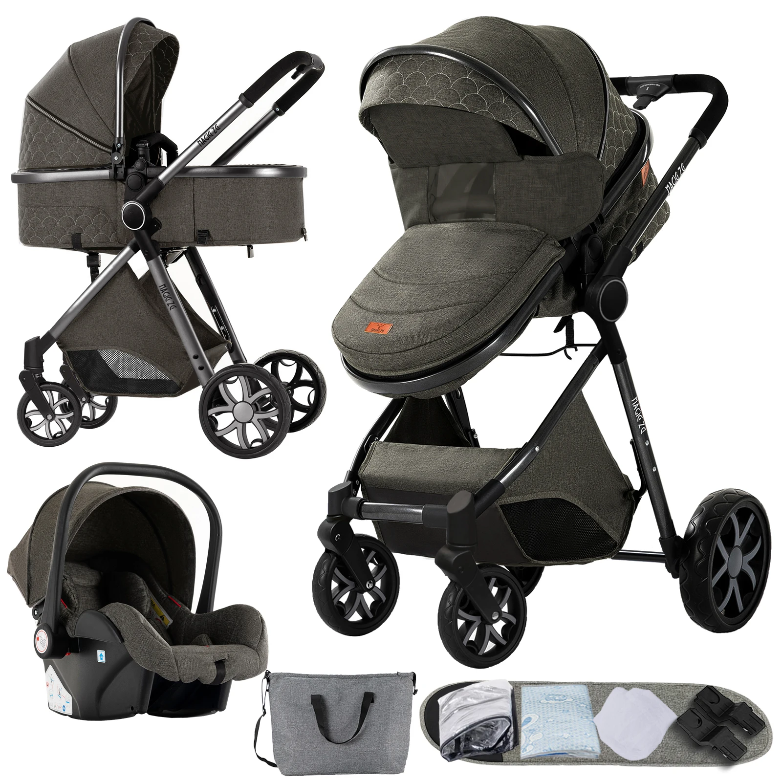 Poussette de luxe 3-en-1 avec siège auto, harnais de sécurité à cinq points pour nouveau-né, poussette à quatre roues, amortisseur de chocs, pliable, 