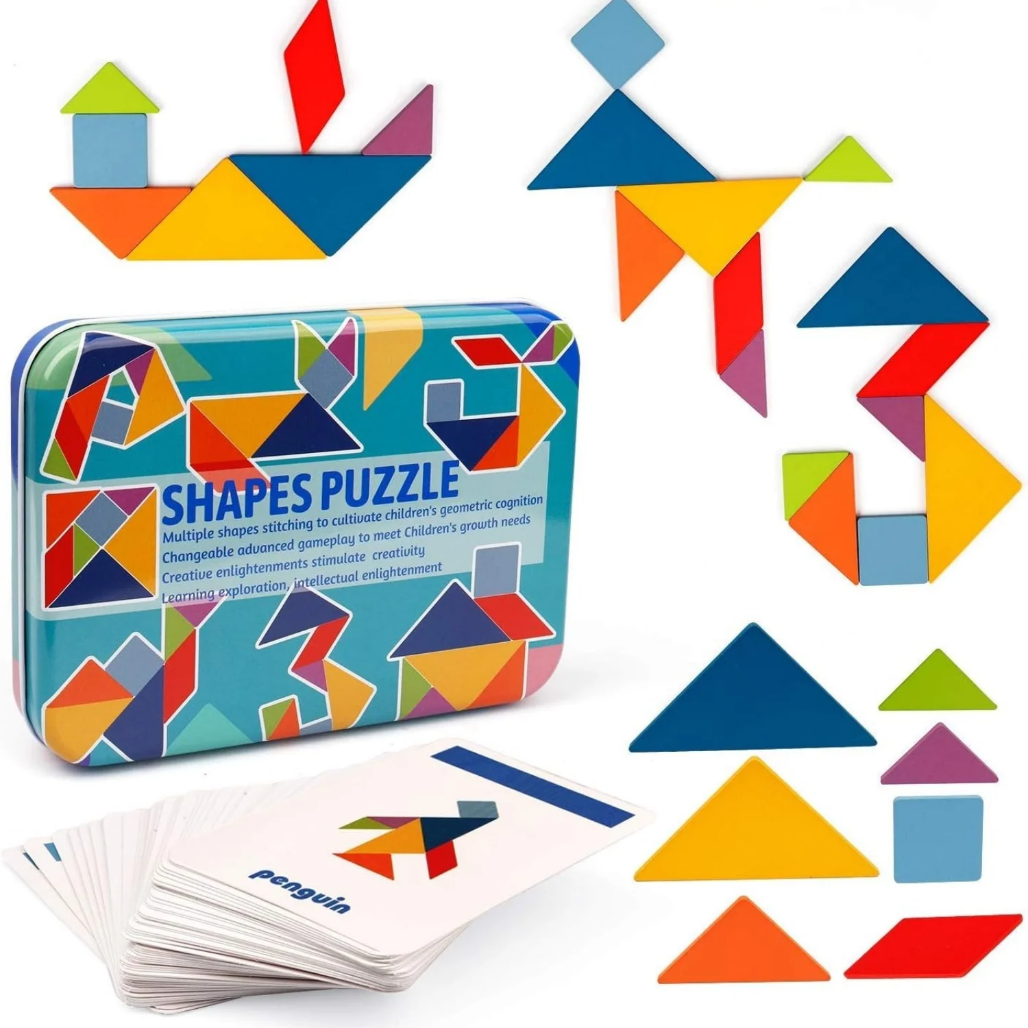 Wooden Tangrams Sets Pattern Blocks Shape Card Brain Teaser Puzzles Educational Toy Travel Games for Kids