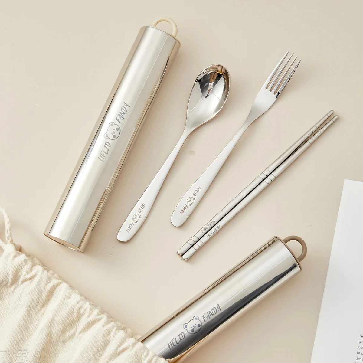 Portable Cutlery Set 304 Stainless Steel Fork Spoon and Chopsticks Dinnerware Set with Storage Case Pull-out Camping Tableware