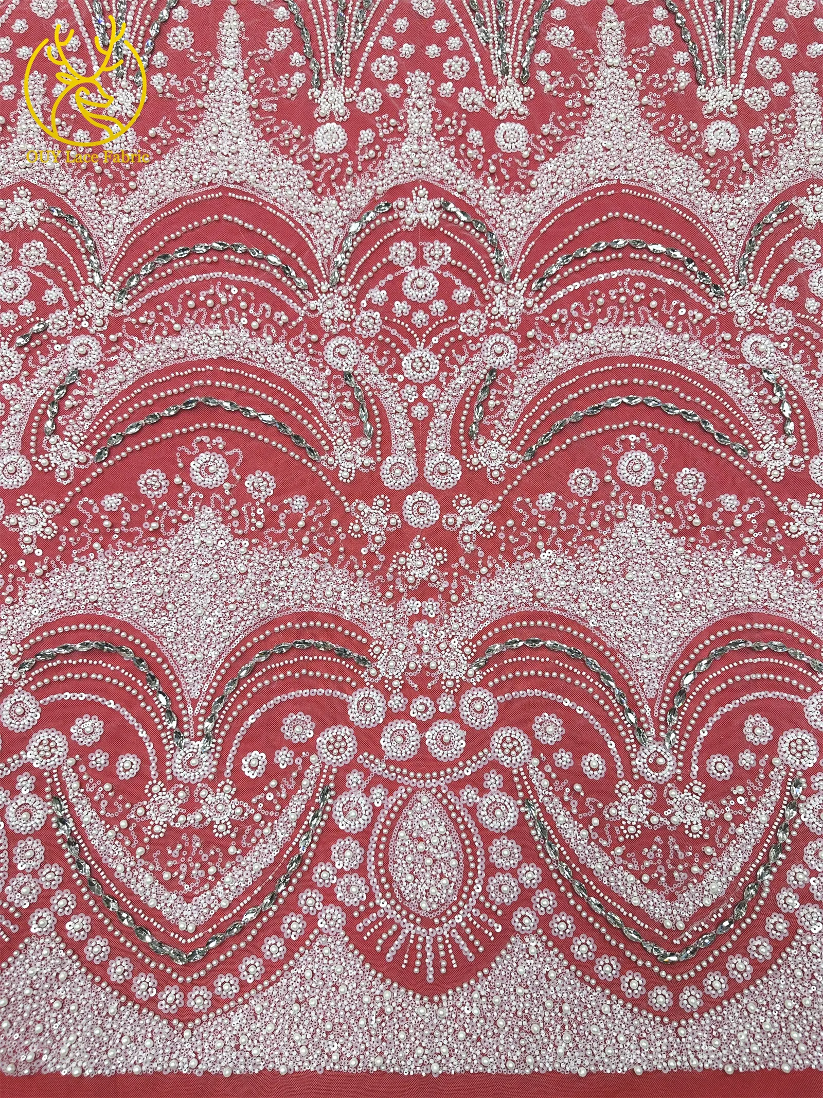 Luxuriöser königlicher lila afrikanischer handgefertigter Perlen-Spitzenstoff, französischer Pailletten-Stein-Tüll-Spitzenstoff für Hochzeitskleid-Design – Detail 14