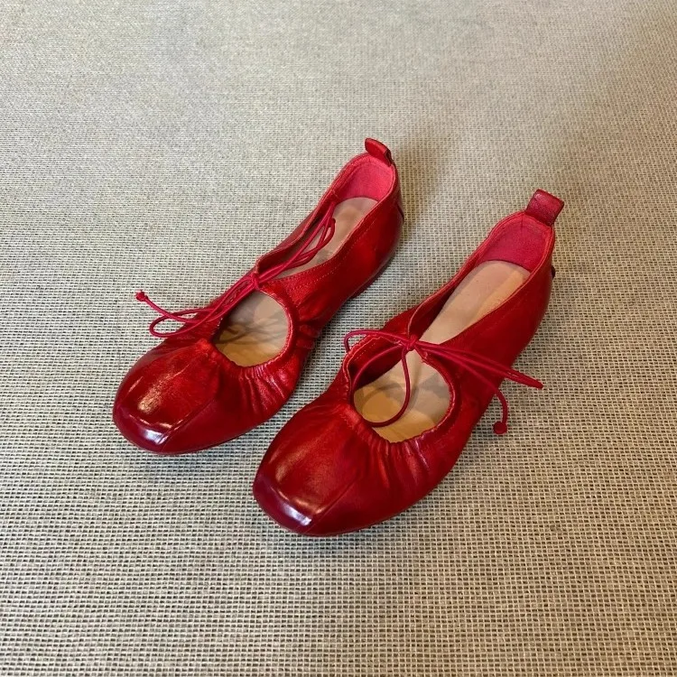 

Women Genuine Leather Version Folded Tied Ballet Flats Round Head Shallow Mouth Flat Mary Janes Women Retro Shoes Fashion