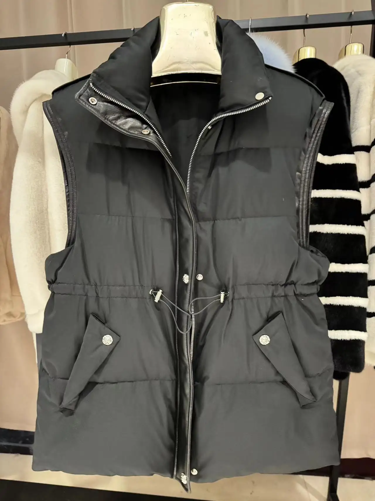 lUXURY women fashion goose down vest black standing collar  middle length warm and thick beautiful vest