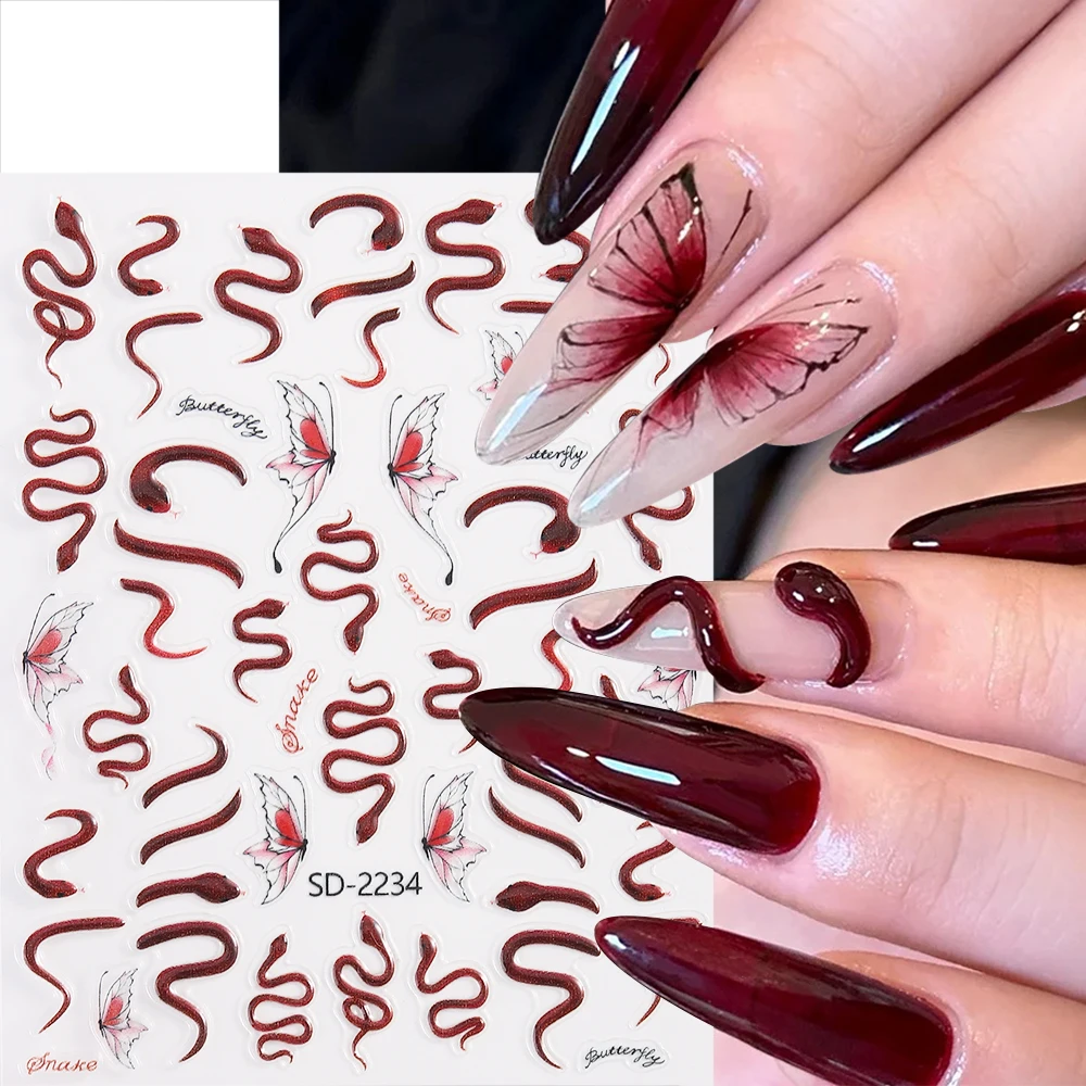 5D Relief Red Snake Nail Art Stickers Black Butterfly Wing White Dragon Decals Charms Nail Sliders DIY Manicure Decors LEBSD2234