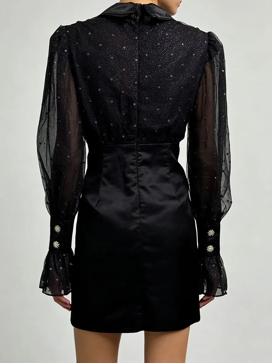 TWOTWINSTYLE Black Sheer Spliced Hot Fix Elegant Dresses for Women Lapel Long Sleeves Tunic Patchwork Buttons Dress Female New