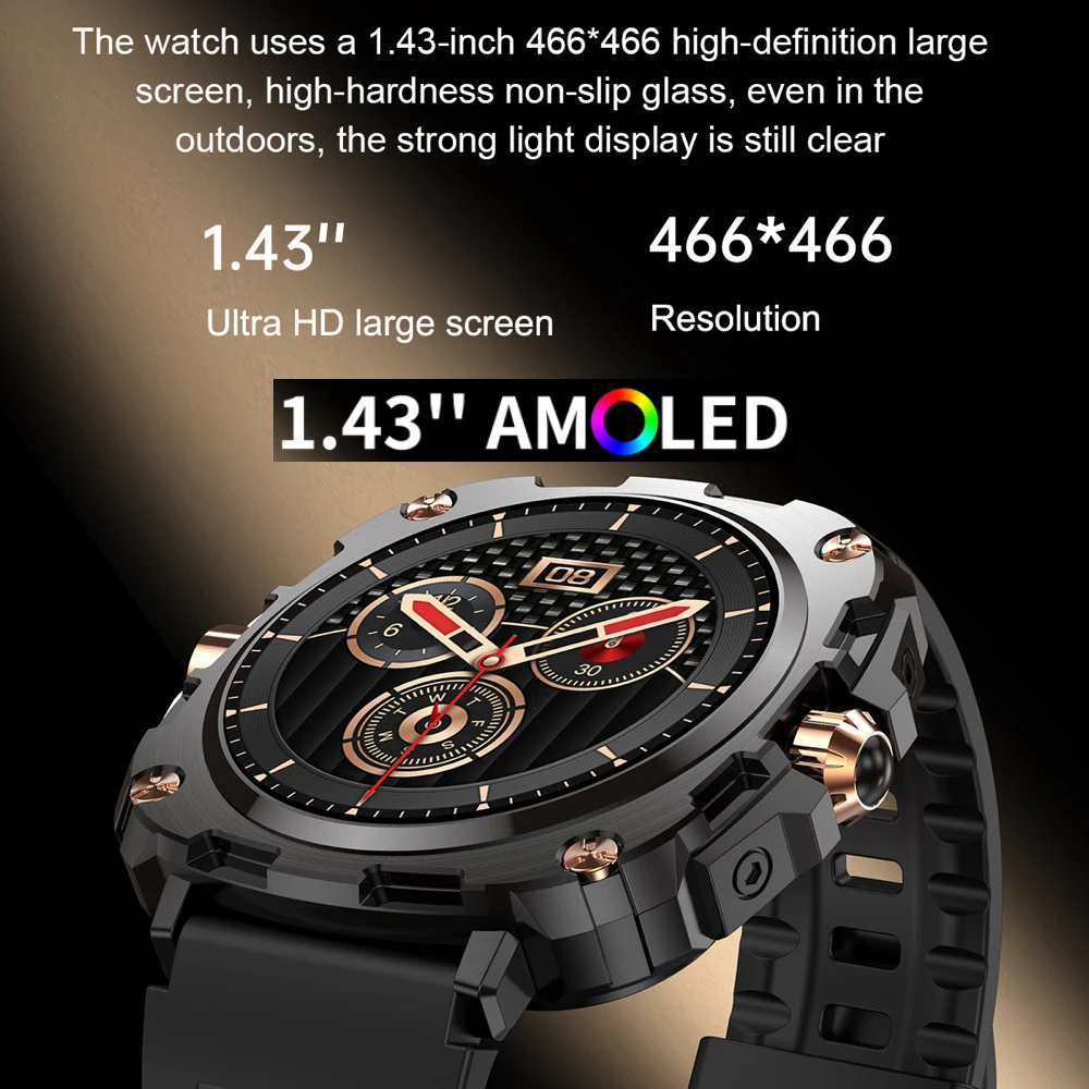 Reloj inteligente para exteriores, pantalla AMOLED de 1,43 ", llamada BT, deportes, Fitness, resistente al agua, memoria de 128M, salud, música, batería de 400Mah