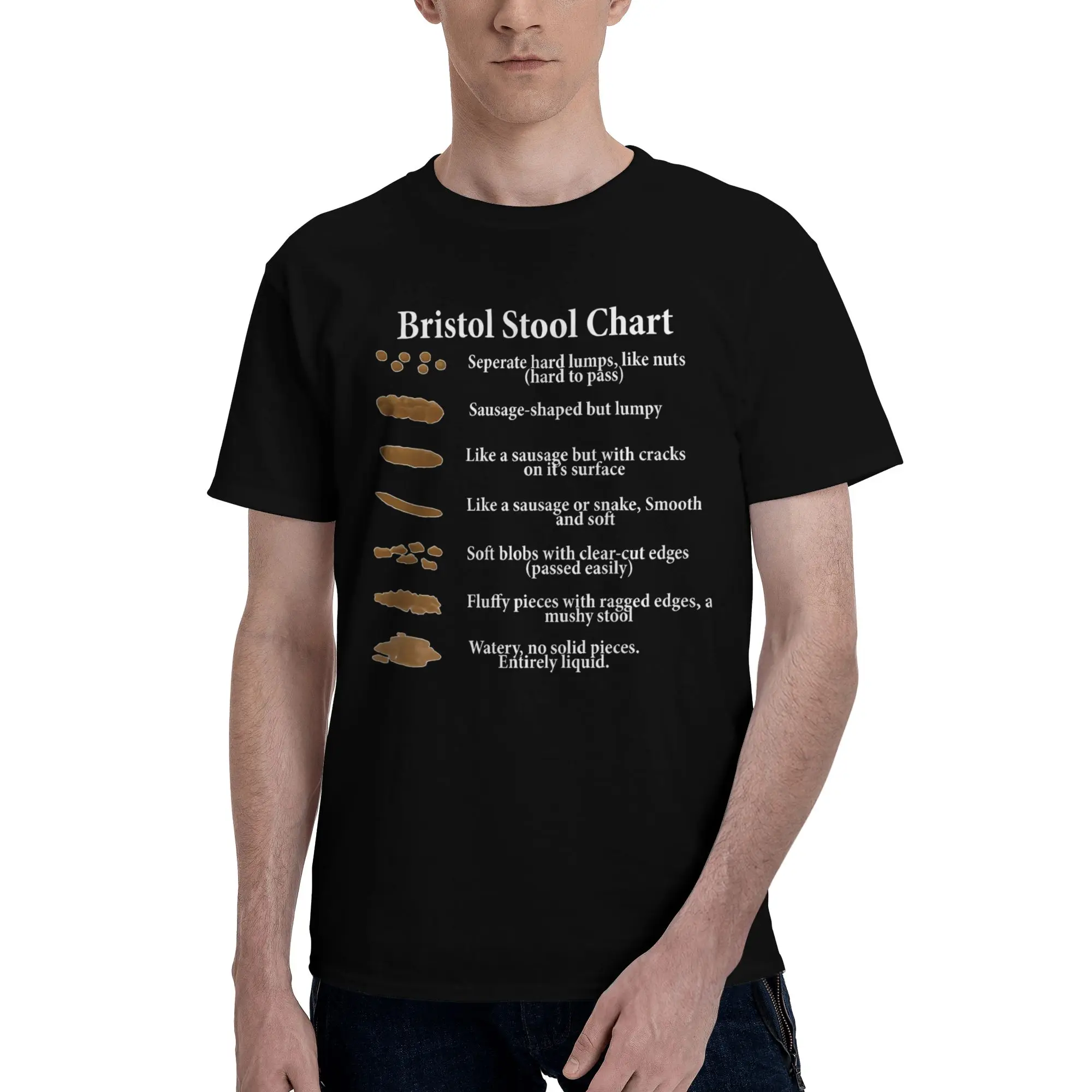 Bristol Stool Chart in White Writing Black Background Short Style Reversible T-shirt Niche Simplicity Cotton Tee