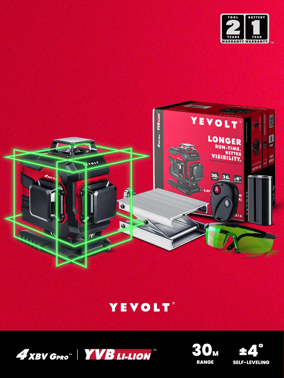 

YEVOLT YVGLL4XS16-GR 4-Plane Green Laser Level 4D 16 Lines Self-Leveling Machine with Remote Fine-tuning Lifting Base Glasses