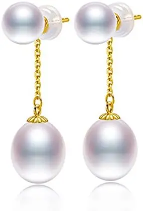

LSLYTQ 18k Drop Earrings 7-8mm Freshwater Pearl with About 9mm Tear Drop Pearl Dangle Earrings For Women Gift