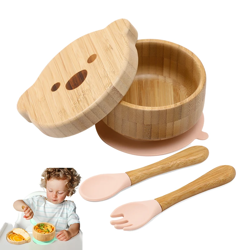 3pc/set Bamboo Baby Feeding Bowl Tableware for Kids Waterproof Suction Bowl Non-slip Silicone Fork Spoon Cartoon Tableware Sets