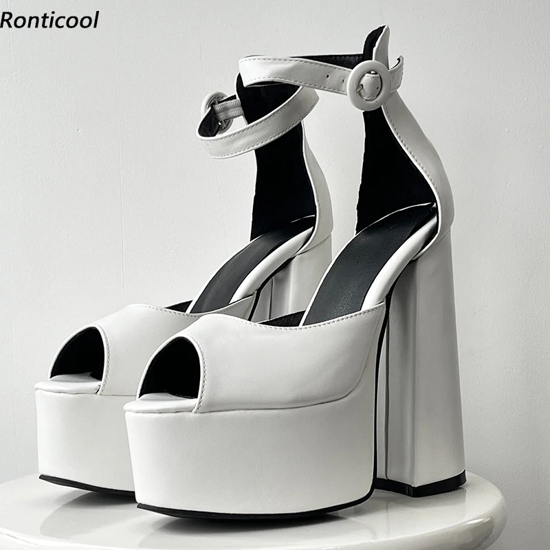

Ronticool New Fashion Women Platform Sandals Block High Heels Peep Toe Pretty White Daily Shoes Ladies US Plus Size 5-20