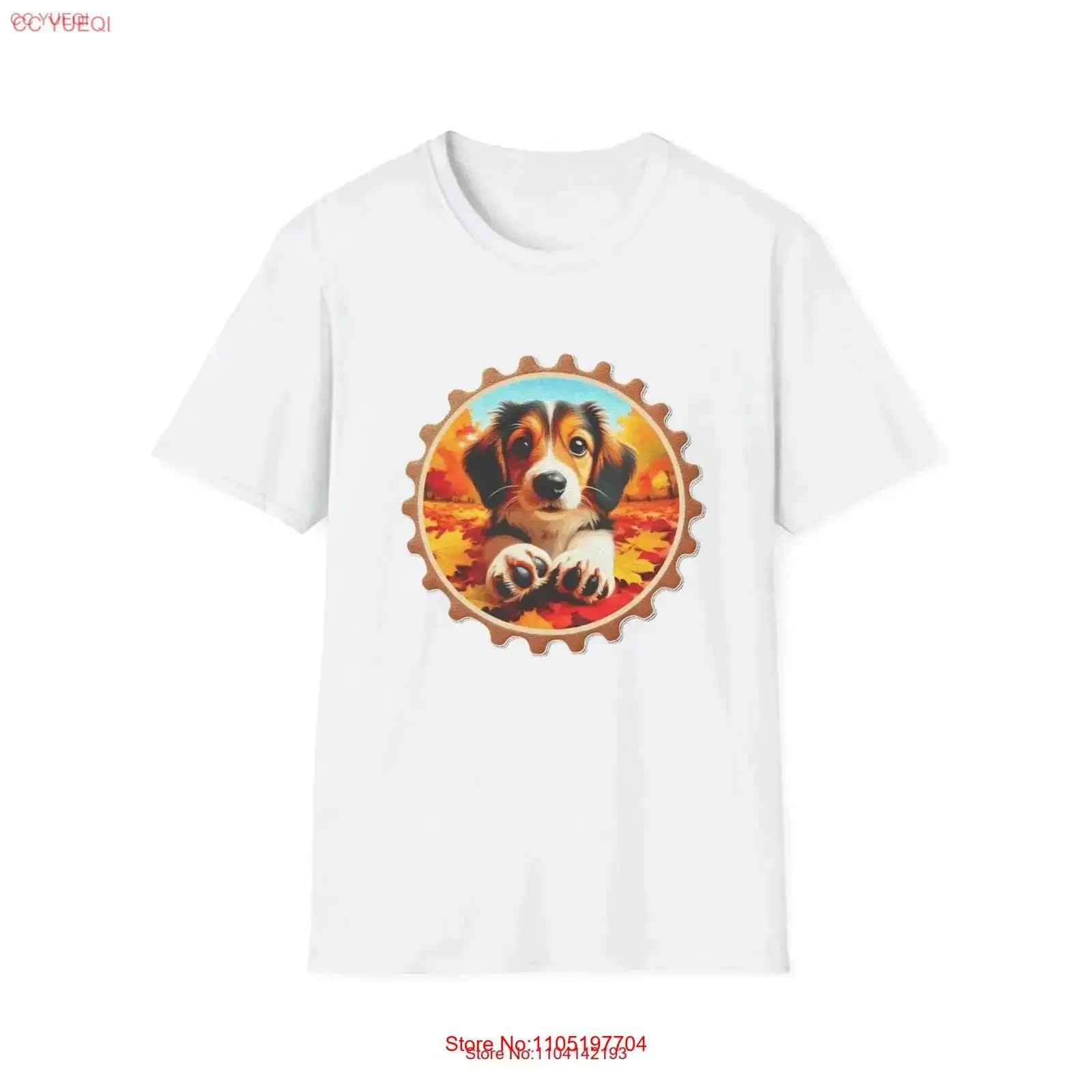 Очаровательные собачьи лапы, нарисованные на прибытии осеннего блеска с милой аттессой, разноцветные осенние листья, футболка в стиле Softstyle, винтажная
