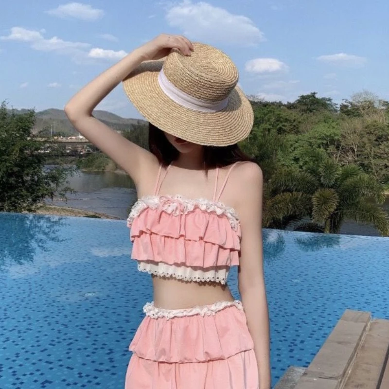 Sweet Kawaii Japanese Unique 2 Piece Swimwear Set Women Lace Ruffle Spaghetti Strap Crop Top Skirt Slim Fit Vacation Outfit 2026 view 4