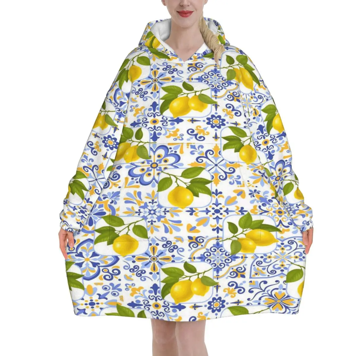 Lemon Sicily Rectangle Blanket Hoodie Wearable Blanket Large with Pocket Warm Sleeping Bag Soft Cozy Onesie