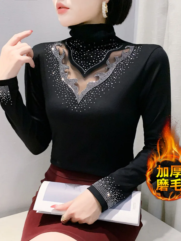 2025 Autumn Winter Thick Brushed New High Neck Lace Hollow Out Diamond Inlaid Western-Style Slim Fit And Slimming Base Shirt For