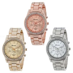 Reloj de lujo de cristal de cuarzo para mujer, pulsera femenina, Reloj de pulsera informal, dorado/plateado