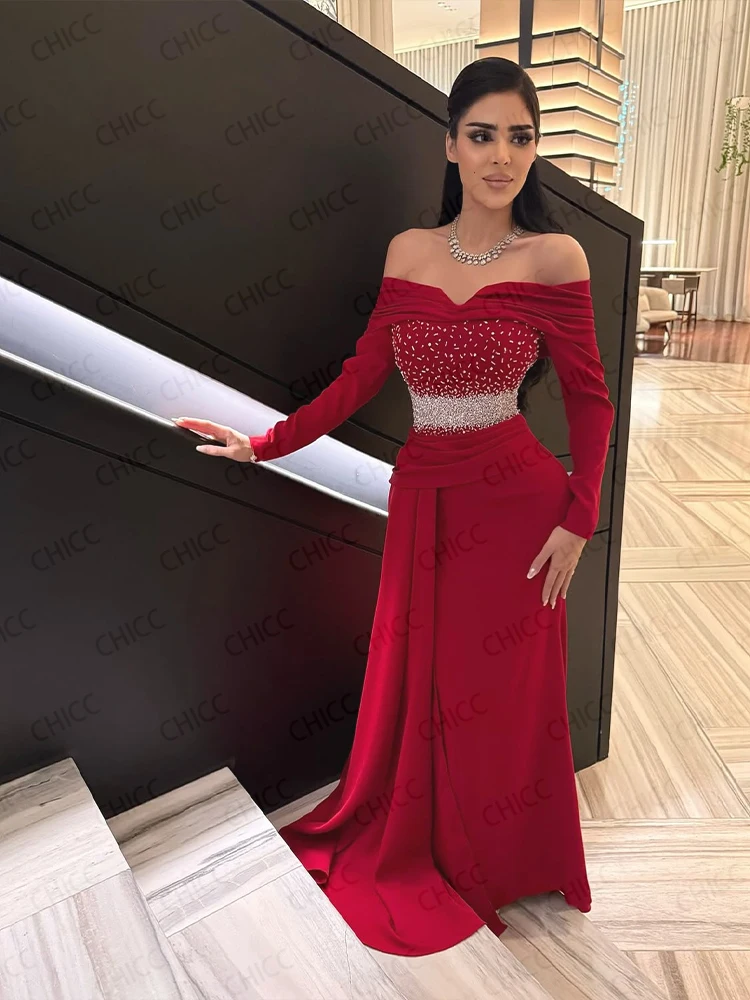 Robes de soirée rouges épaules dénudées à manches longues robe de bal élégante Gala Arbic robe de soirée d'invité de mariage robes de soirée personnalisées