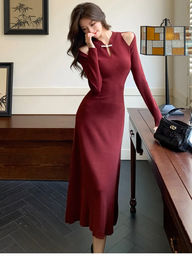 

Красное вязаное платье-свитер с запахом для женщин, осенне-зимнее, приталенное, облегающее, базовый слой, новое, в китайском стиле