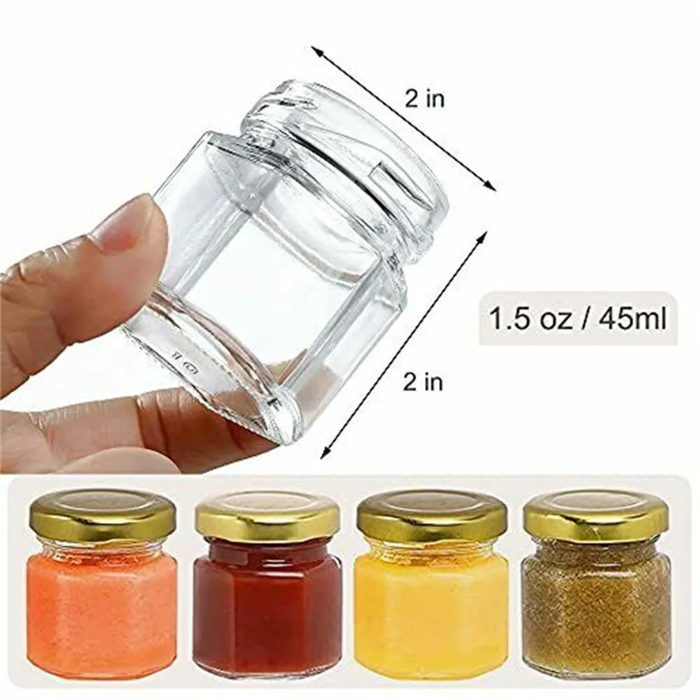 12pcs 45ml/60ml Mini Hexagon Glass Jars with Golden Lids, 45ml Small Honey Jams Spice Empty Container