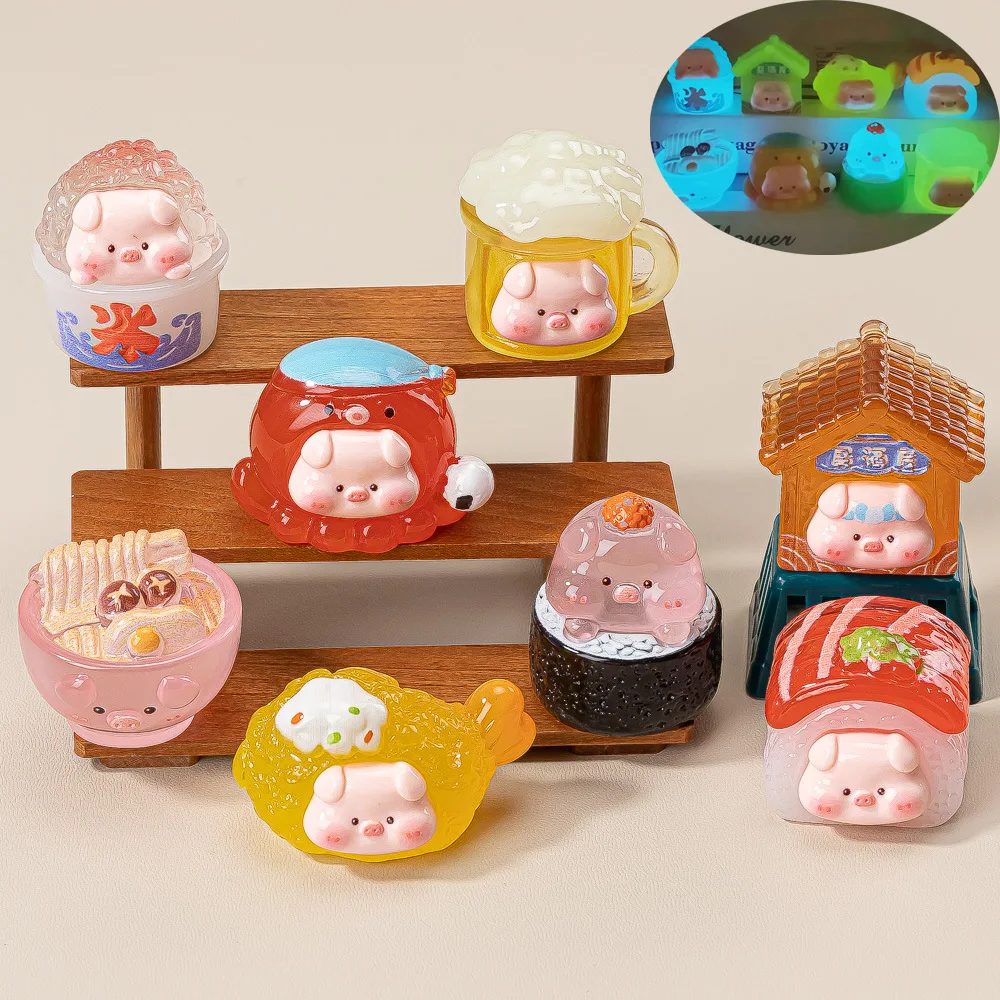 8-teiliges Set Nachtleuchtende Schweine-Figuren Spielzeug Lebensmittel-Serie Figurine Desktop-Dekoration Modell Ornamente Spielzeug für Jungen Mädchen Weihnachtsgeschenke