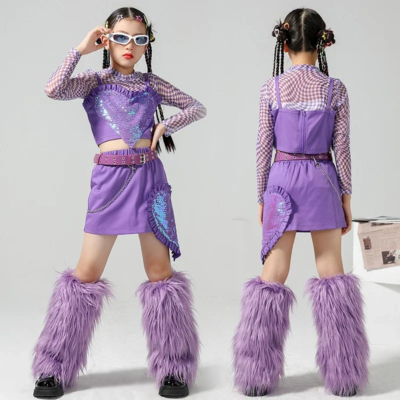 Cheerleading Uniform Hip Hop Performance Costume Girls Kpoo Jazz Dance Clothing Purple Sequins Runway Show Stage Outfit