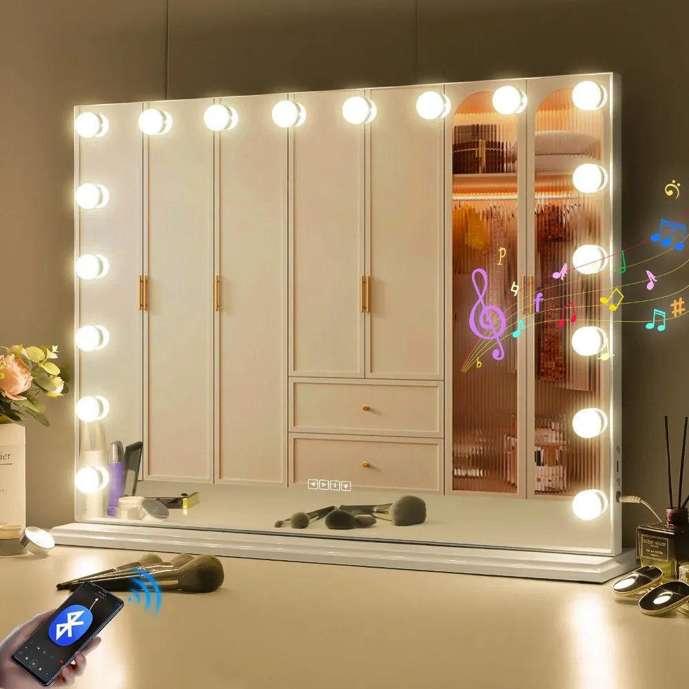 Large Vanity Mirror With Lights And Bluetooth Speakers Dimmable LED Lights With 10 Times Magnification USB Port For Woman Makeup