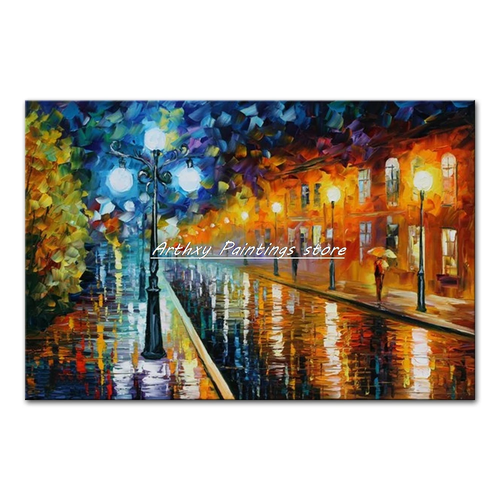 Hand-Painted Palette Knife Abstract Rainy Night Street Oil Painting On Canvas,Modern Wall Art,Picture For Living Room,Home Decor